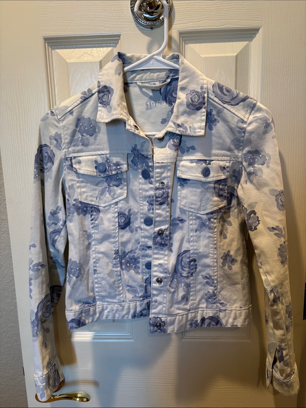 Gap Kids 1969 Floral Denim Trucker Jacket Blue White Toile Rose XL